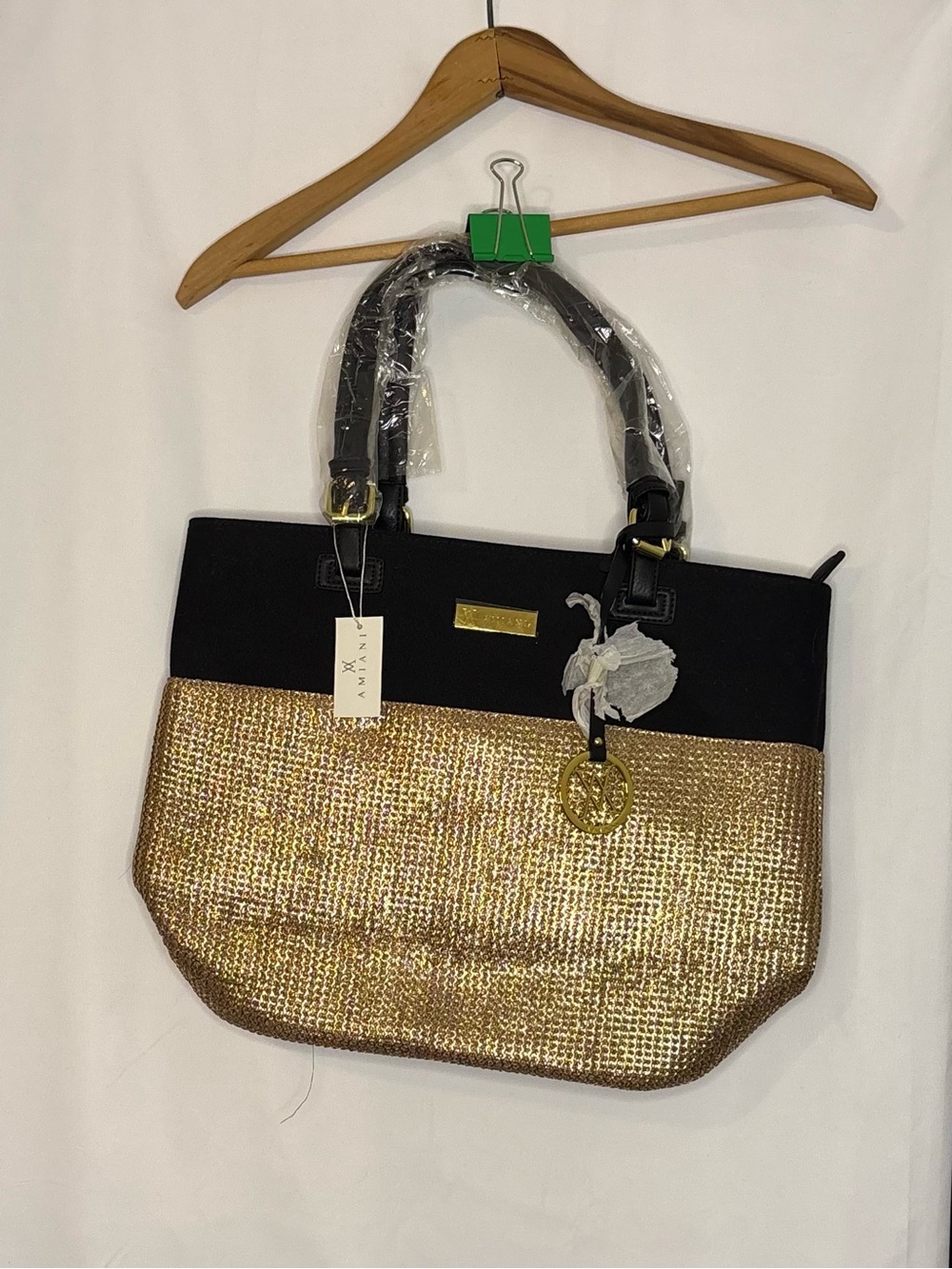 Black and Gold Two-Tone Tote Bag with Charm